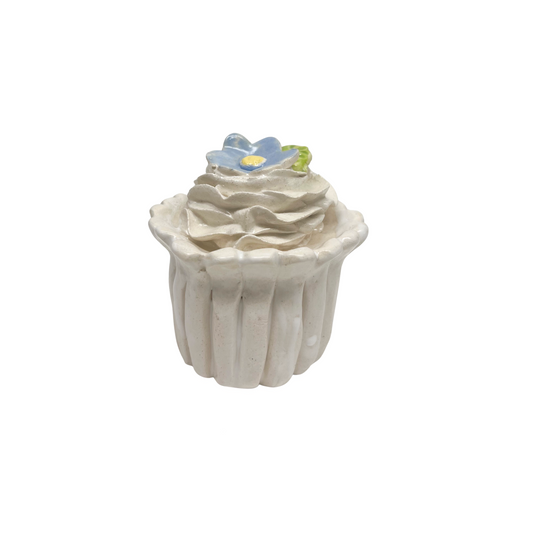 White Cupcake With Blue Flower