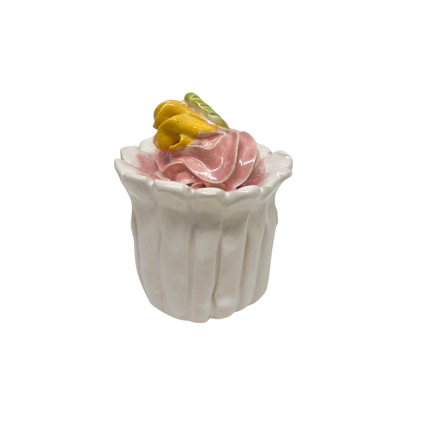 White Cupcake With Pink Frosting And Yellow Rose