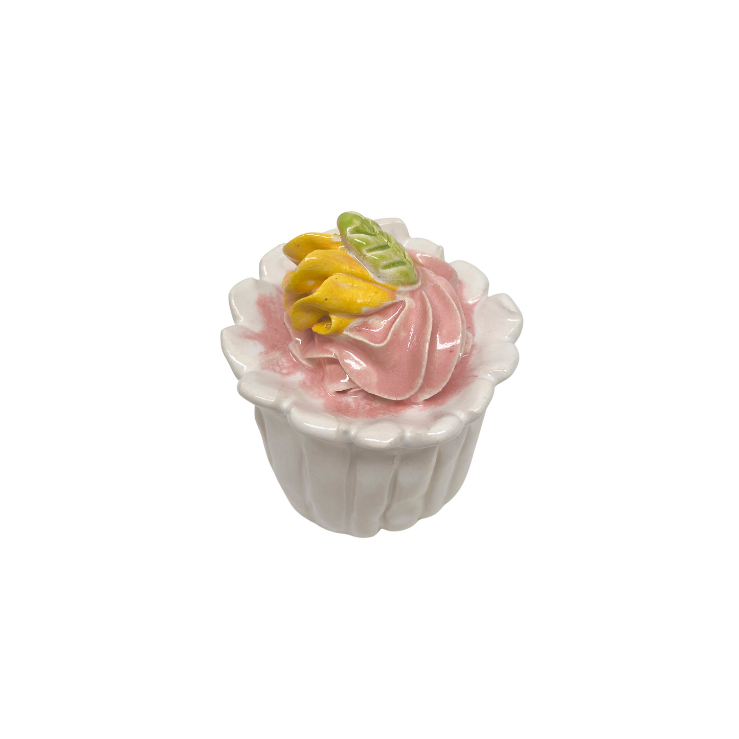 White Cupcake With Pink Frosting And Yellow Rose